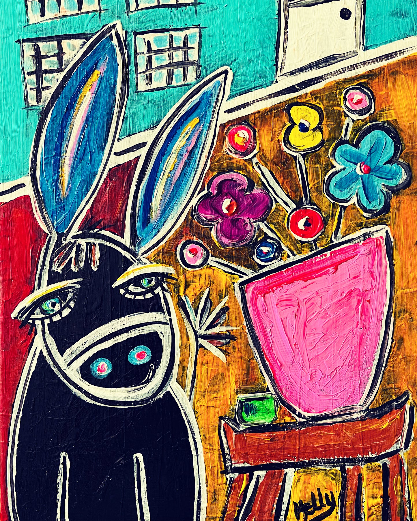 Donkey admiring flowers