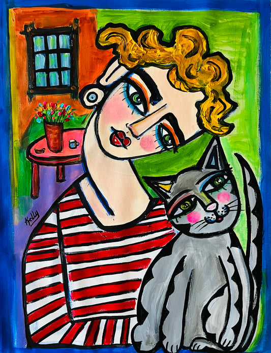 Girl and cat in a blue window
